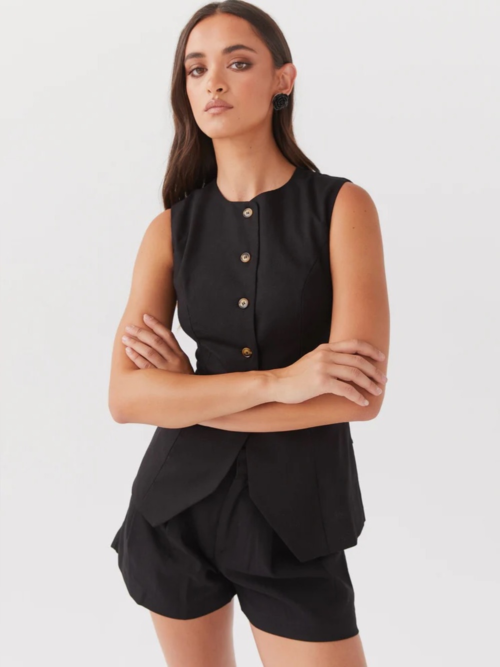 Peppermayo Sleeveless Black Button-Front Vest